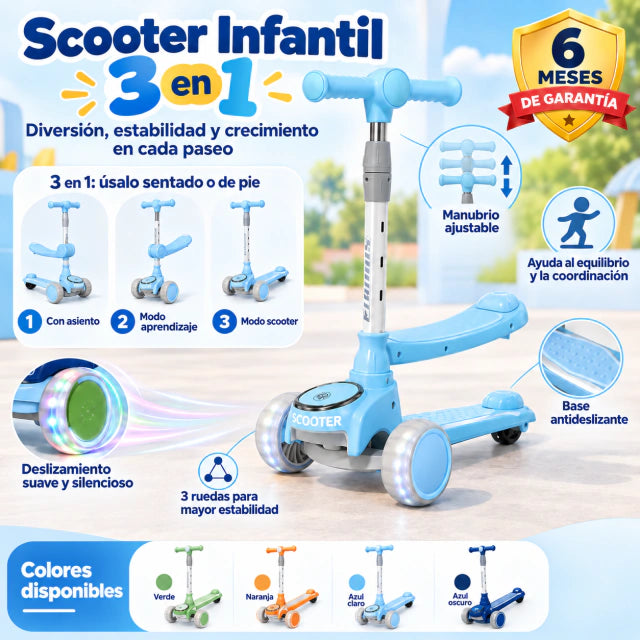 Scooter infantil 3 en 1 con asiento desmontable.