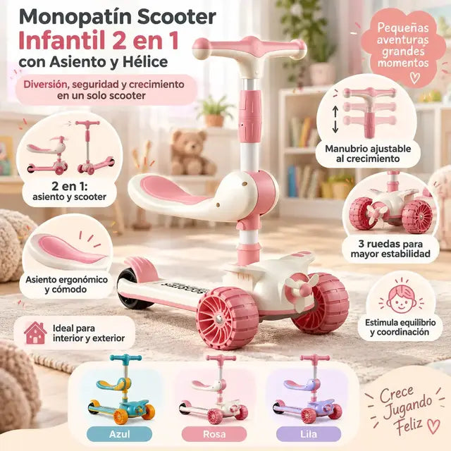 Monopatín scooter infantil 2 en 1 con asiento y hélice