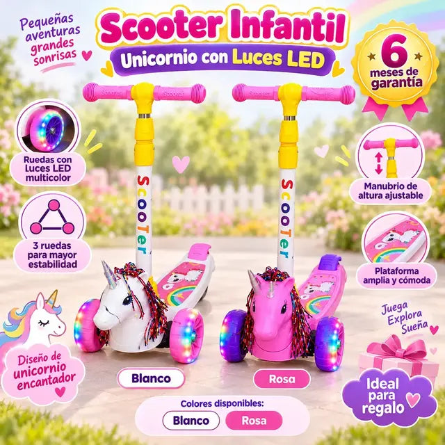Scooter infantil unicornio con luces LED