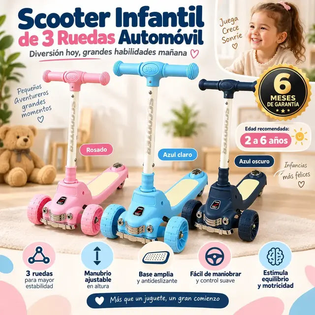 Scooter infantil de 3 ruedas con diseño de automóvil.