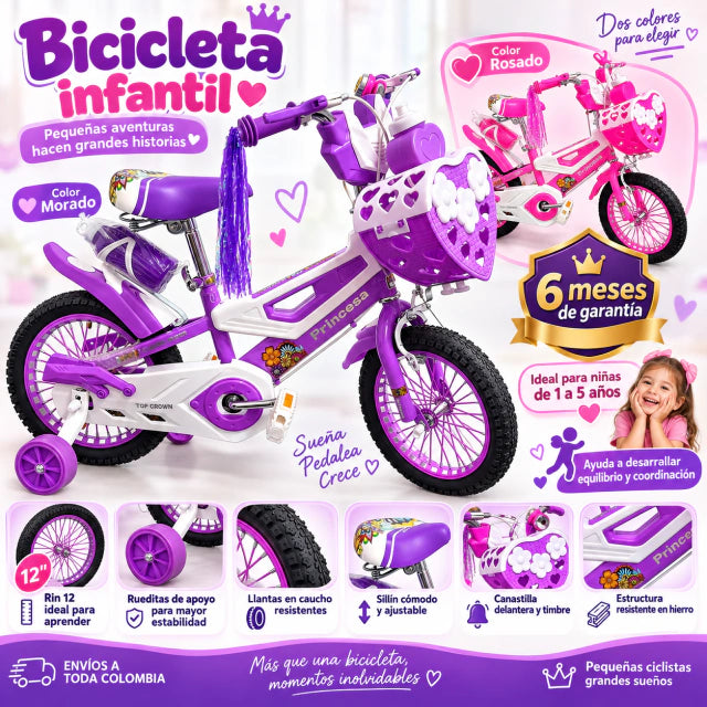 Bicicleta infantil princesa rin 12 con rueditas de apoyo.