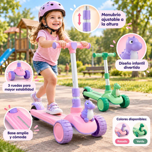 Patineta infantil 3 ruedas con dinosaurio.