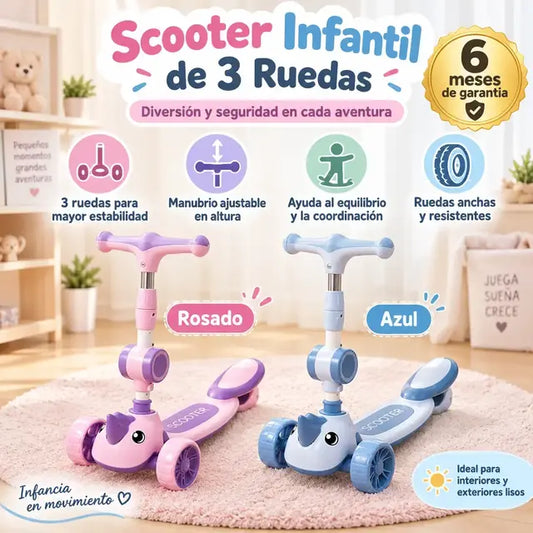 Scooter infantil de 3 ruedas con manubrio ajustable.