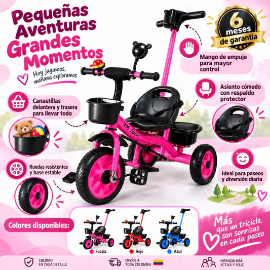 Triciclo infantil con mango de empuje.