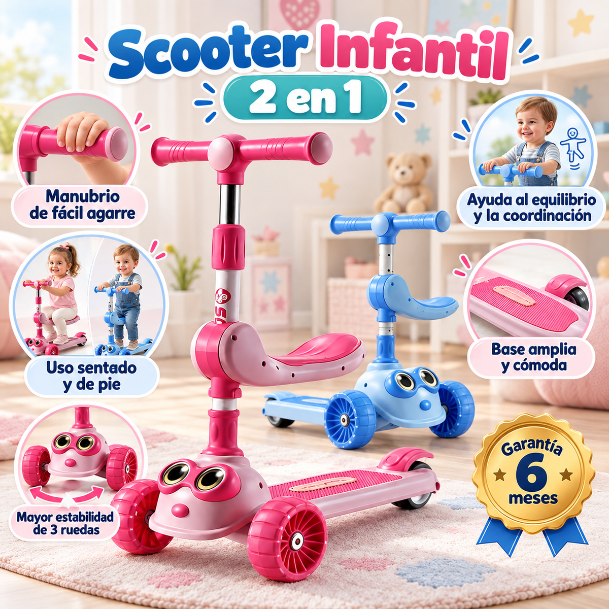Scooter infantil 3 en 1 con luces.